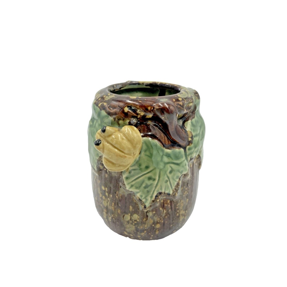 Vintage Sm Majolica Stoneware Frog Planter Vase Leaves 4"